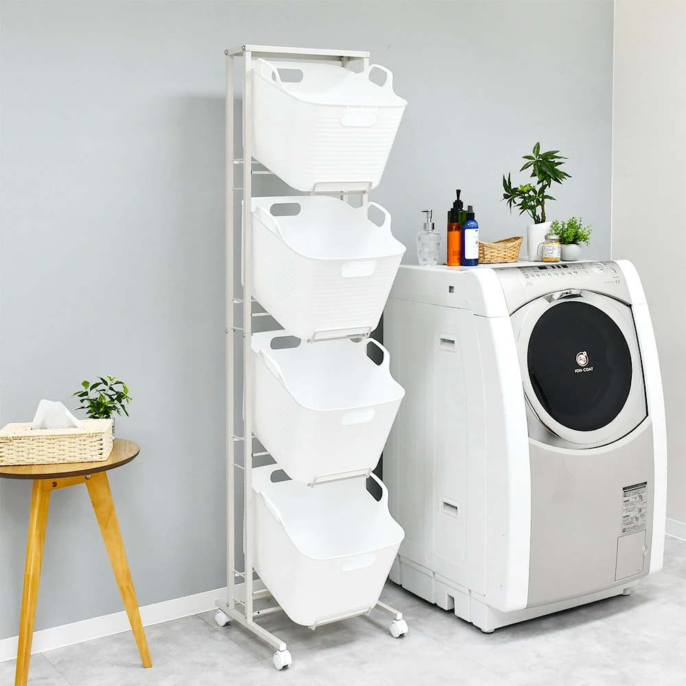 スイング式ソフトバスケットランドリーワゴン【4段】