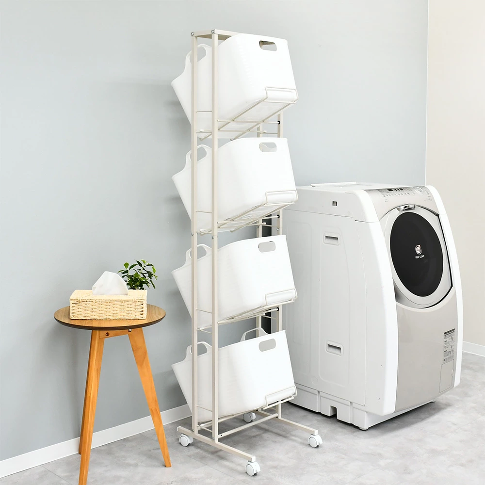 スイング式ソフトバスケットランドリーワゴン【4段】