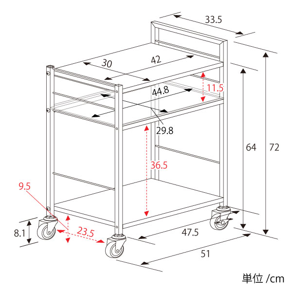 ステンレス×アクリル棚 キッチンワゴン【幅33.5×奥行47.5cm】