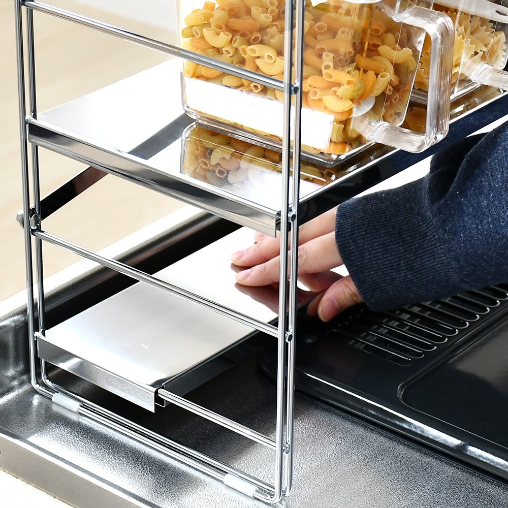 ステンレス棚 コンロ奥ラック【排気口カバー上・3段／幅80cm】