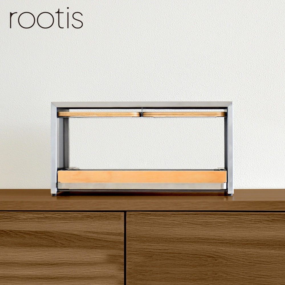 bokula ステンレス製 トースターラック【幅36×奥行32.5cm／サービングトレイ２枚付き・スライド式オープン収納】　