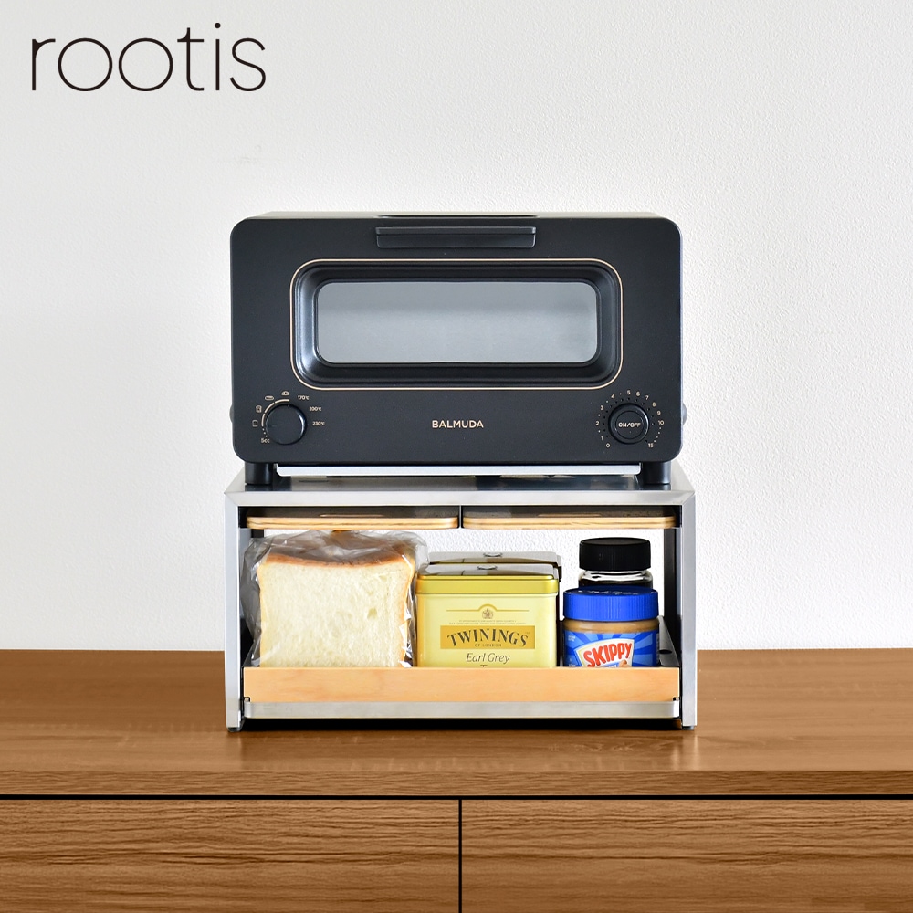 bokula ステンレス製 トースターラック【幅36×奥行32.5cm／サービングトレイ２枚付き・スライド式オープン収納】　