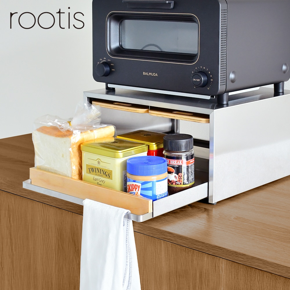 bokula ステンレス製 トースターラック【幅36×奥行32.5cm／サービングトレイ２枚付き・スライド式オープン収納】　