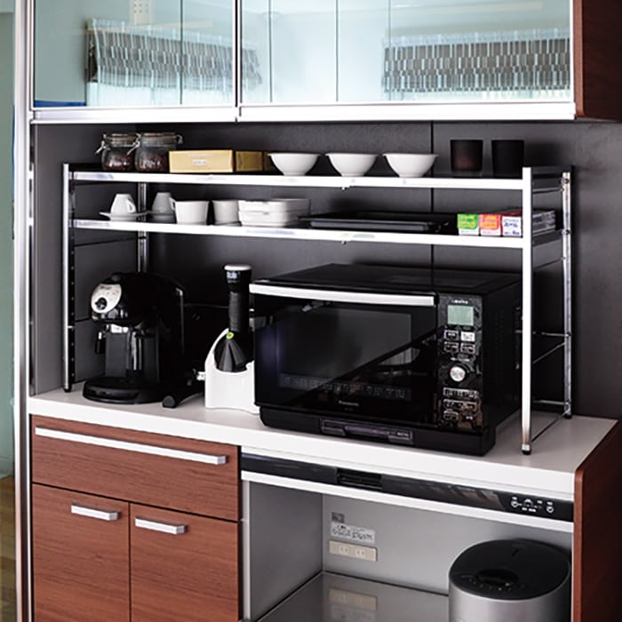 ステンレス天板 頑丈キッチンラック【幅伸縮・2段・ワイドタイプ