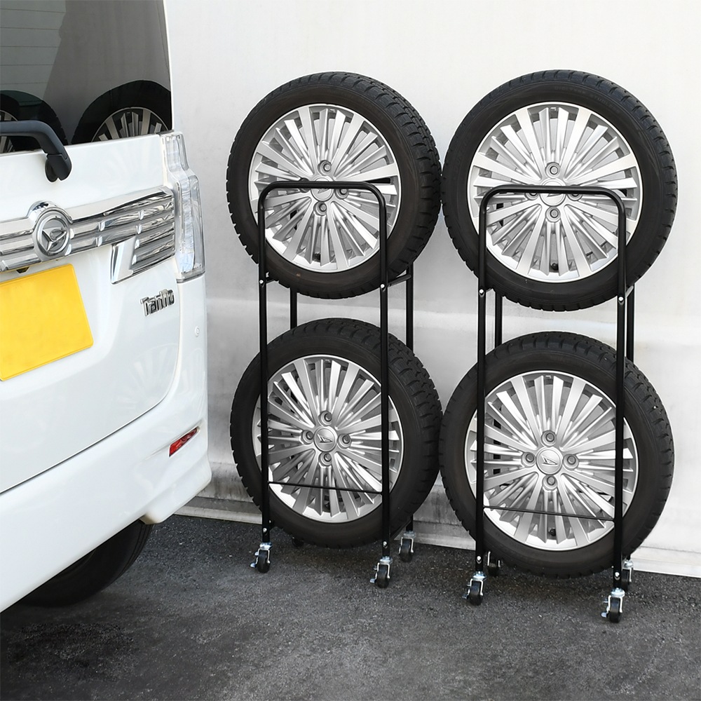 24408 【未使用品】タイヤラック　薄型 足立製作所 頑丈薄型タイヤラック 軽自動車用【2個組・幅18cm・カバー付き