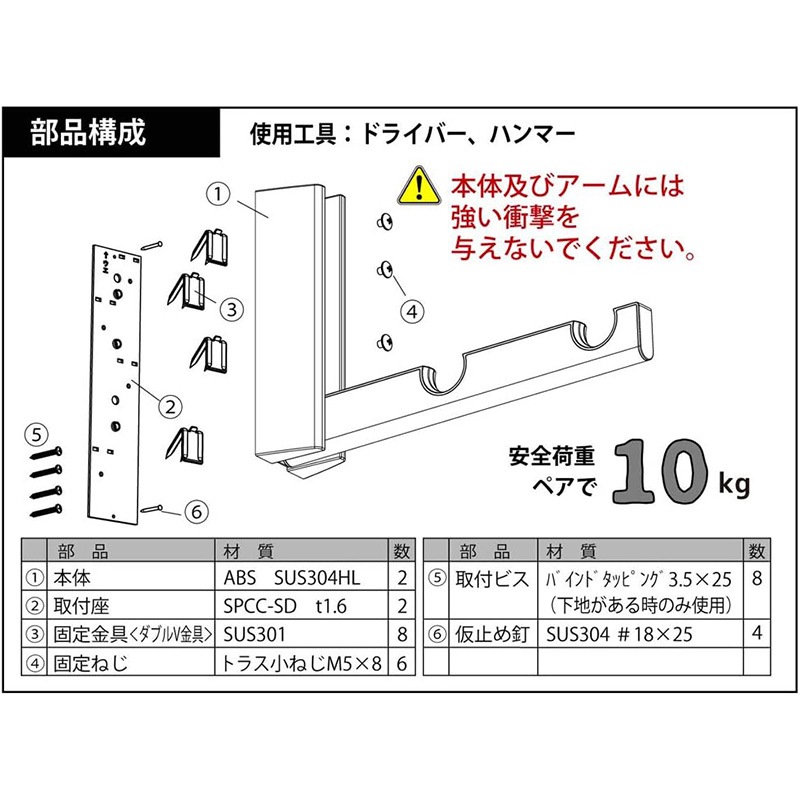 壁面物干し掛け ルームハンガーブラケット2個組【石膏ボード・木部両用／竿2本用】