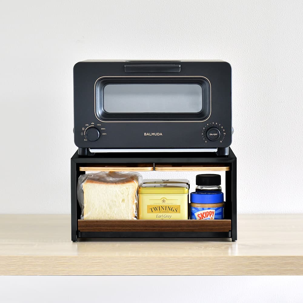 bokula トースターラック black×ウォルナット Ver.【幅36×奥行32.5cm／サービングトレイ２枚付き・スライド式オープン収納】　