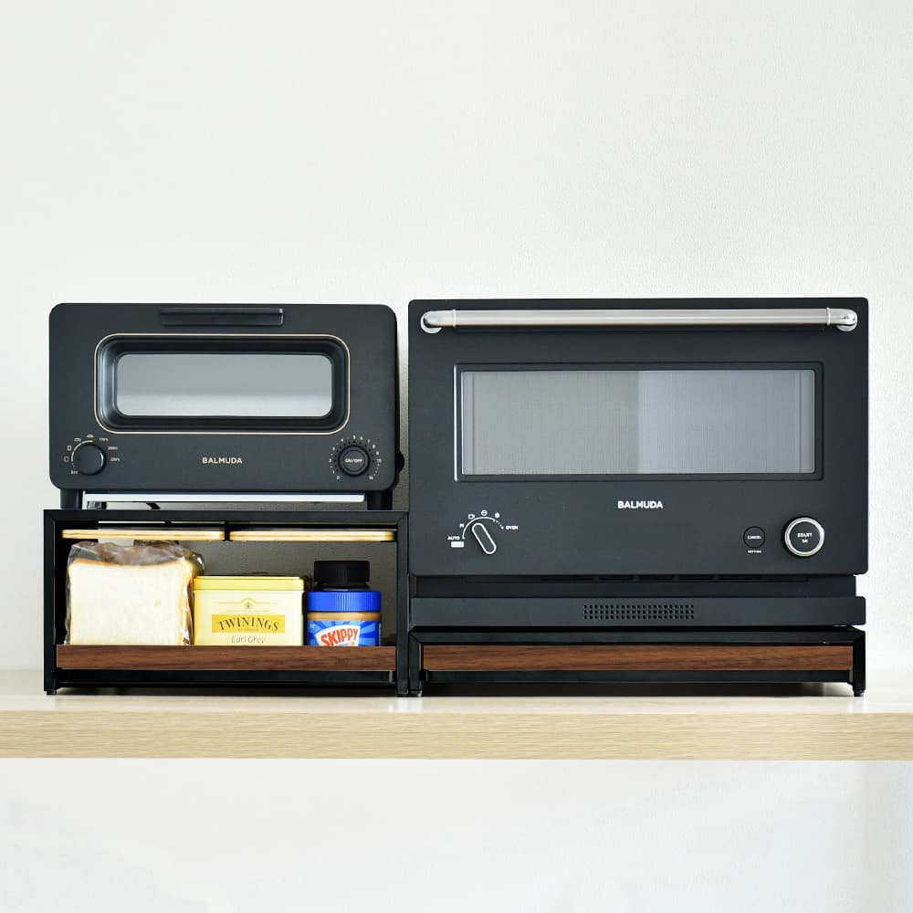 bokula トースターラック black×ウォルナット Ver.【幅36×奥行32.5cm／サービングトレイ２枚付き・スライド式オープン収納】　