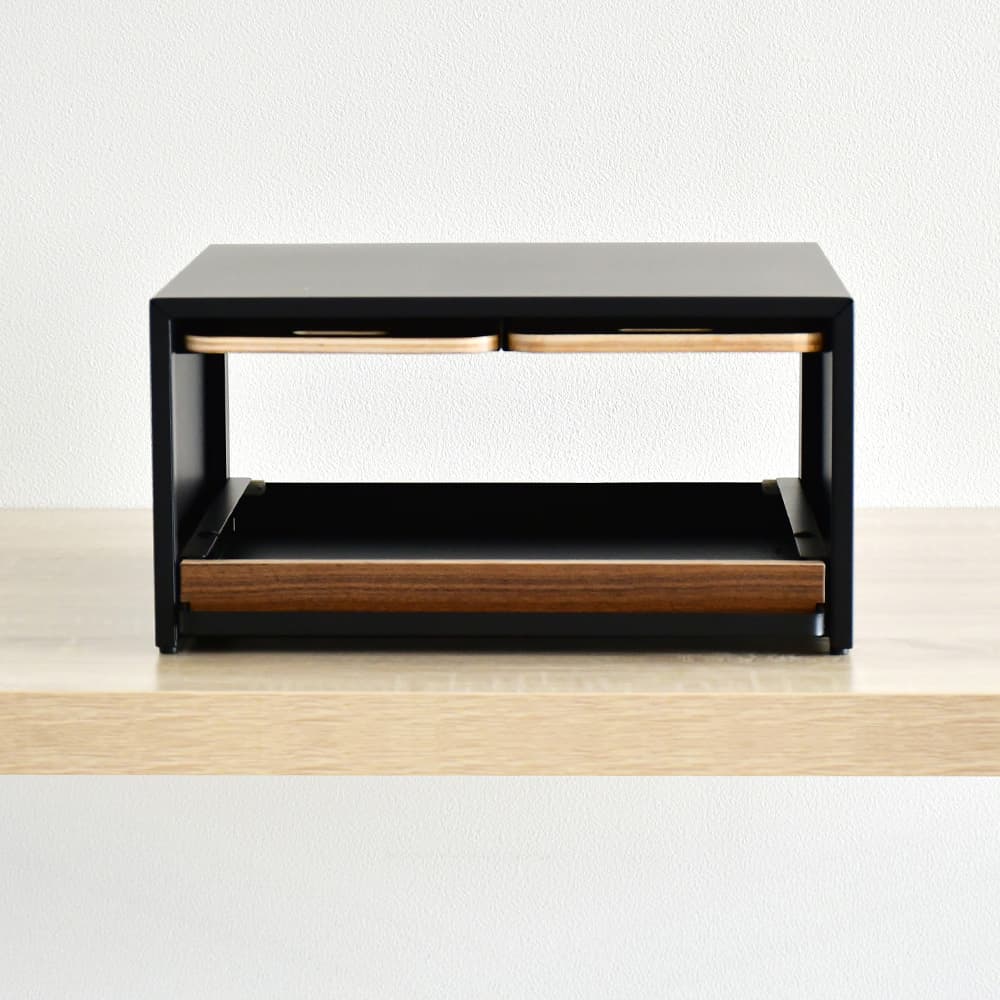 bokula トースターラック black×ウォルナット Ver.【幅36×奥行32.5cm／サービングトレイ２枚付き・スライド式オープン収納】　