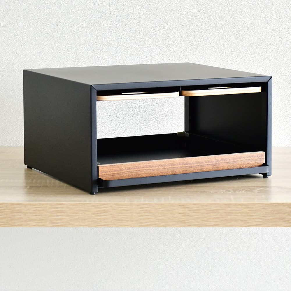 bokula トースターラック black×ウォルナット Ver.【幅36×奥行32.5cm／サービングトレイ２枚付き・スライド式オープン収納】　