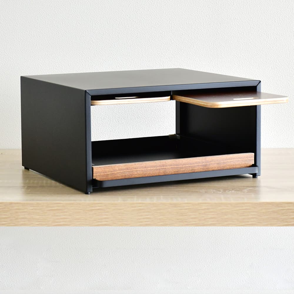 bokula トースターラック black×ウォルナット Ver.【幅36×奥行32.5cm／サービングトレイ２枚付き・スライド式オープン収納】　