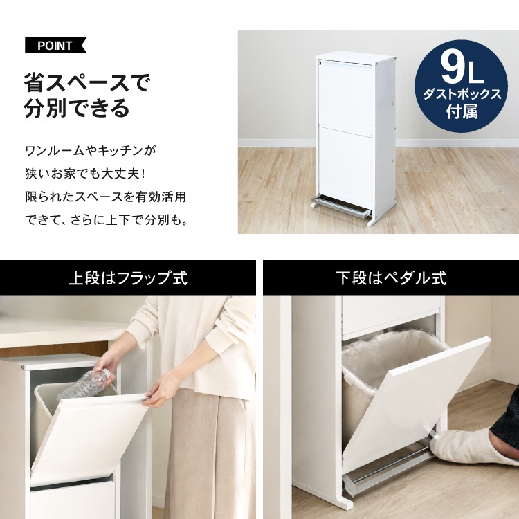 薄型フラップ扉 ダストボックス【下段ペダル式／2分別・容量9L×2】