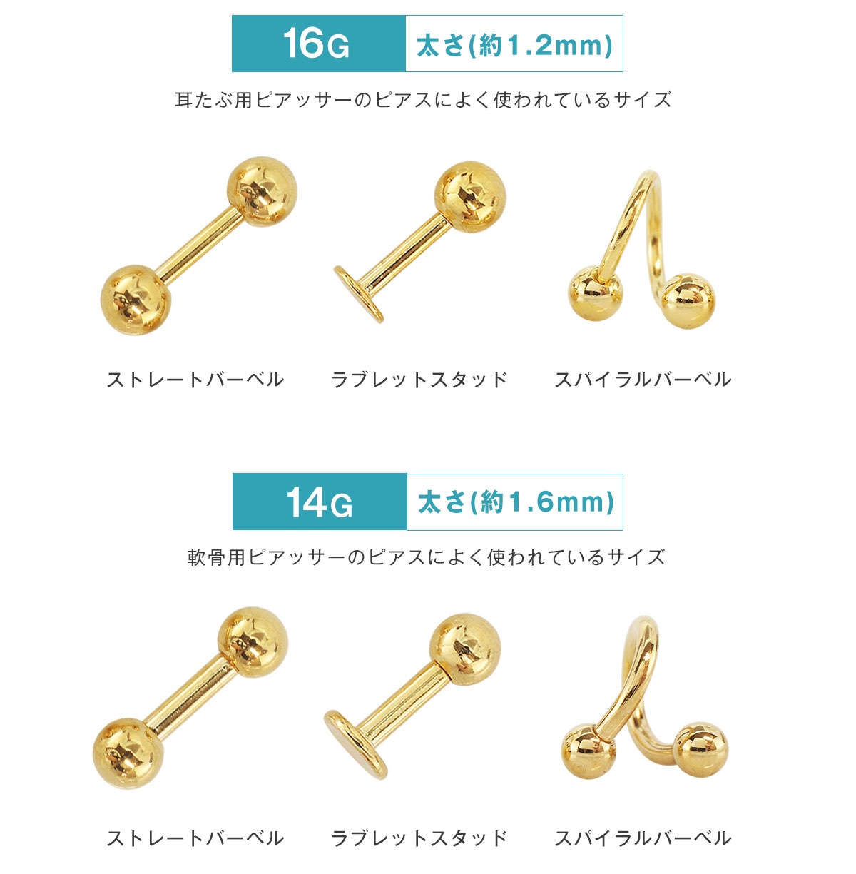 ボディピアス 18G 16G 14G 選べる形状 カラー ストレートバーベル