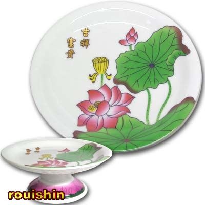 蓮華座 水晶 ロータス ハスの花 清代末 中国美術工芸 お供え供物にロータス足つき陶器皿6インチ（灰壷睡蓮佛具）中国,中華