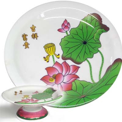 お供え供物にロータス足つき陶器皿8インチ（灰壷睡蓮佛具）中国,中華