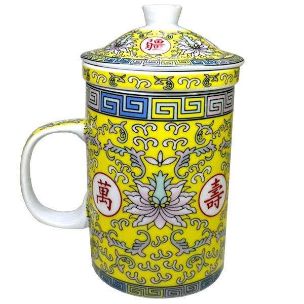 景徳鎮 茶漉し付き マグカップ 萬壽・黄｜食器,中国,茶器
