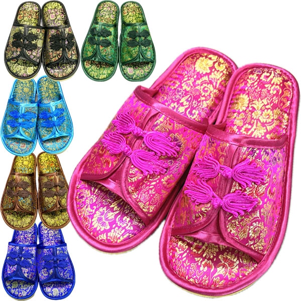 サテンチャイナボタン付きスリッパ ネコポス便なら【送料無料