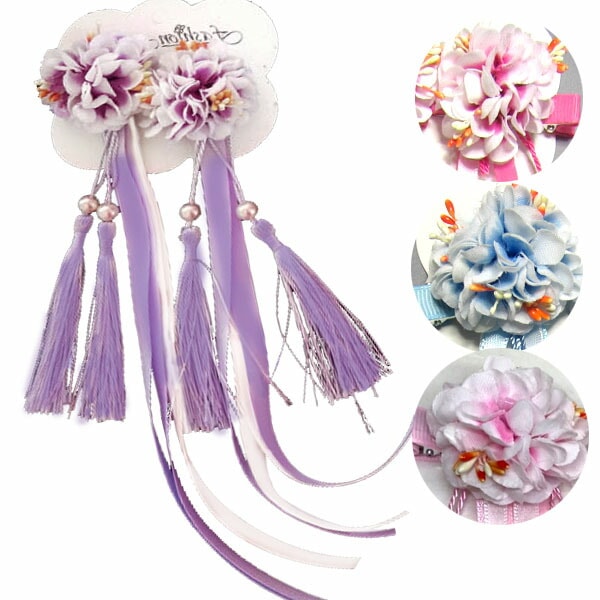 ロングリボン付きお花ポンポリペア髪飾り ネコポス便なら【送料