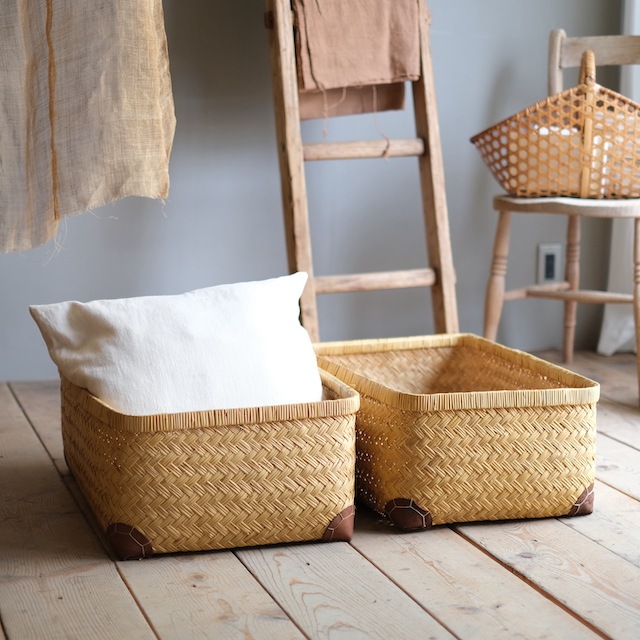 革当て竹行李 （幅60cm）｜古雑貨,籠 バスケット｜古家具