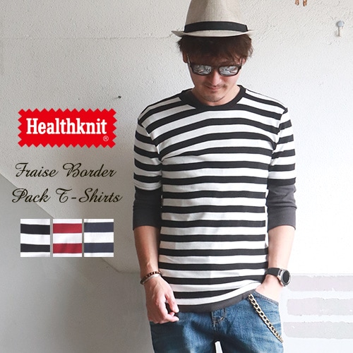 Healthknit ファインフィット フライスボーダー 半袖tシャツ ヘルスニット メンズ アメカジ T Shirt ブギースタイル