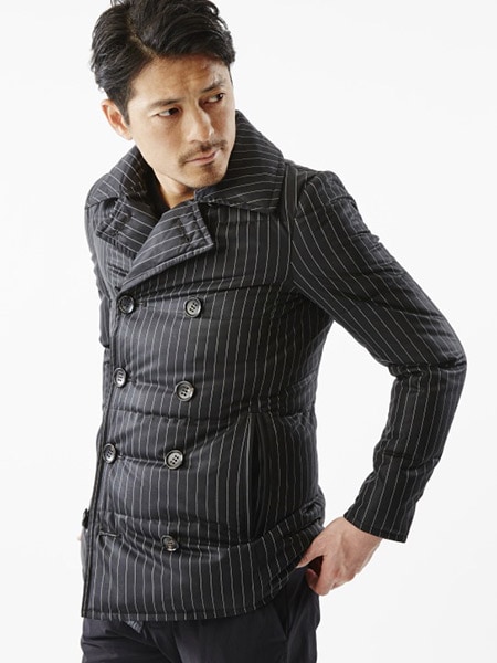 AKM WOOL STRIPE P-COAT DOWN BLACK