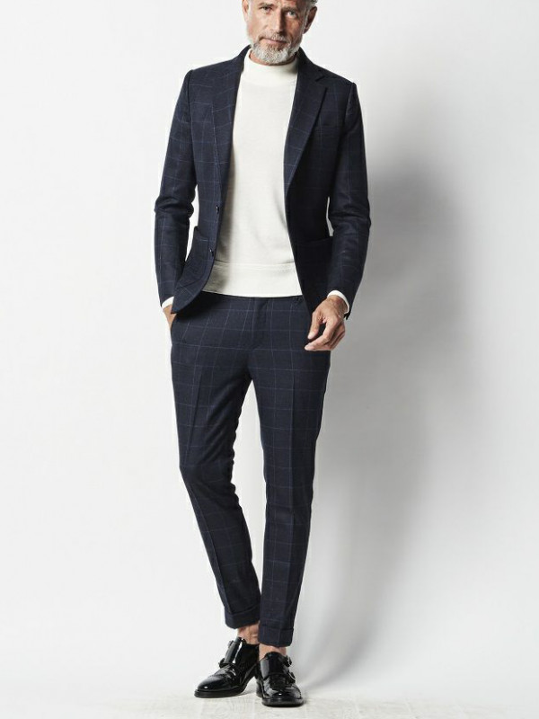 1PIU1UGUALE3 RIB 2B-JKT / WINDOW PEN SUPER 100'S STRETCH FLANO (NAVY)