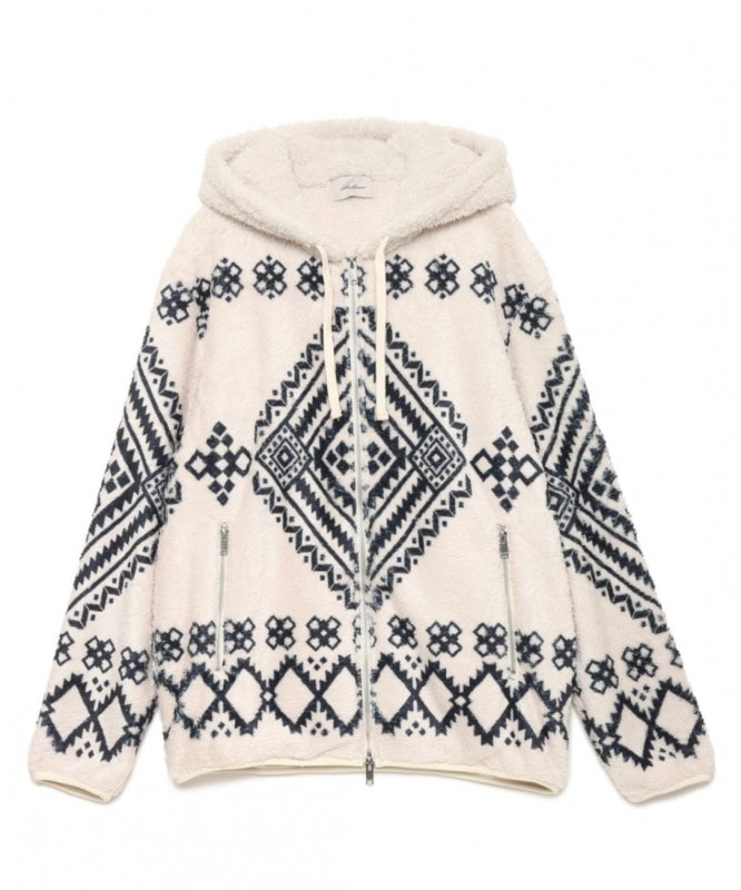 SeaGreen NATIVE PATTERN FLEECE ZIP HOODIE / IVORY