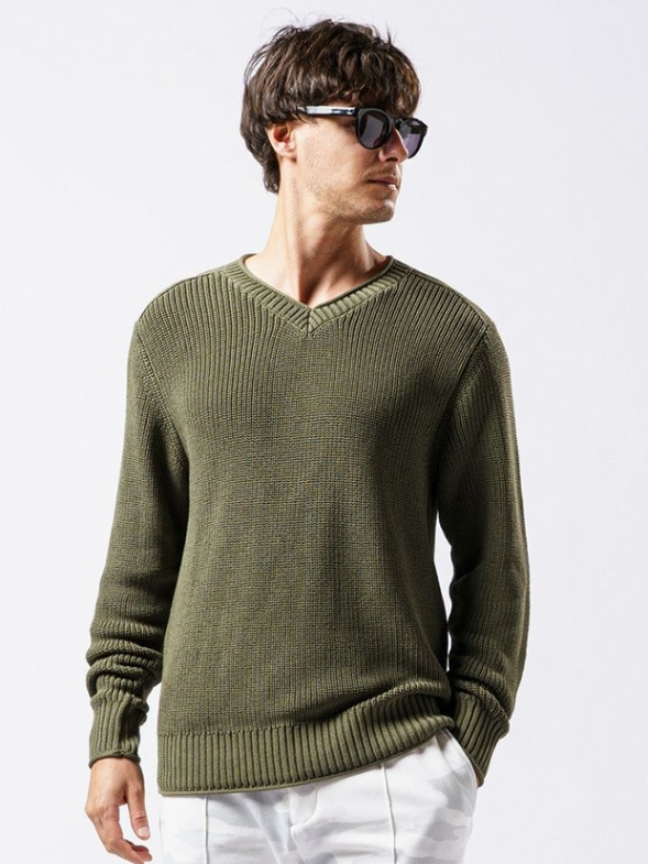 wjk ridge weaving V-neck / khaki