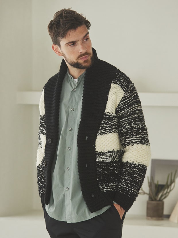 junhashimoto SHAWL COLLAR CARDIGAN / WHITE/BLACK