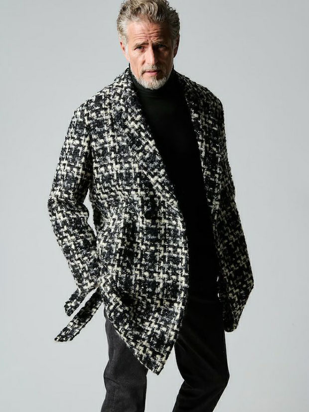 1PIU1UGUALE3 BELTED W-CHESTER COAT / BLACK/WHITE