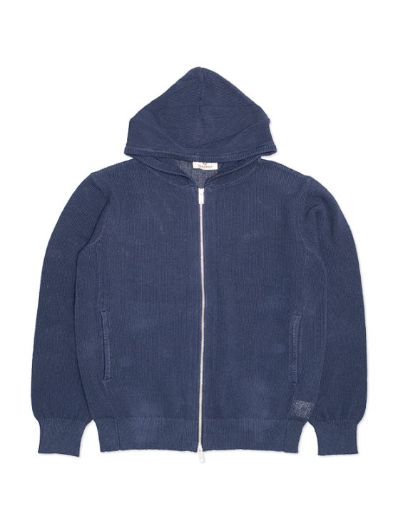 SEAGREEN MOSS STITCH KNIT HOODIE / NAVY