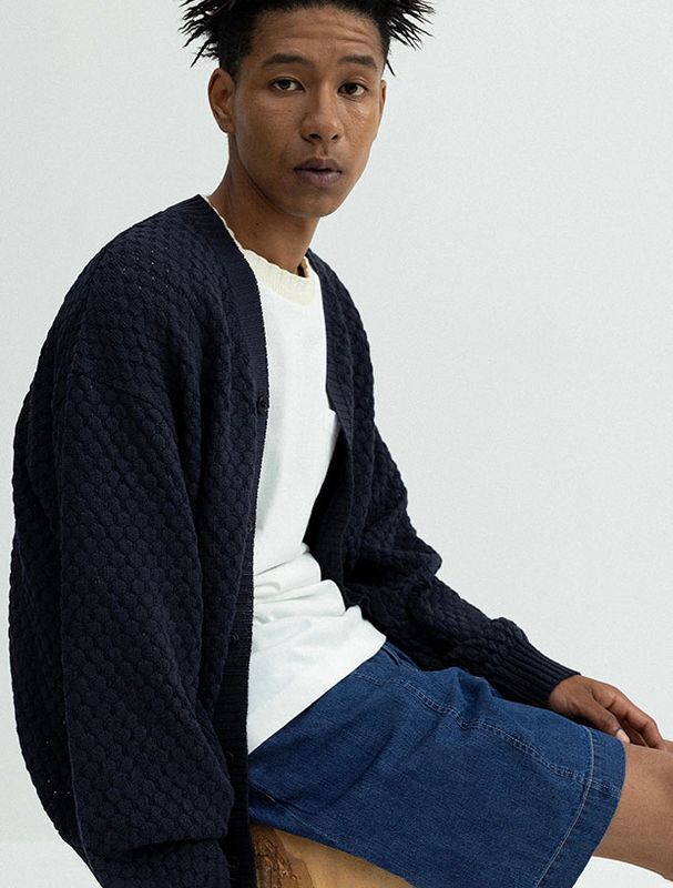 Seagreen PAPER WAFFLE CARDIGAN  / NAVY