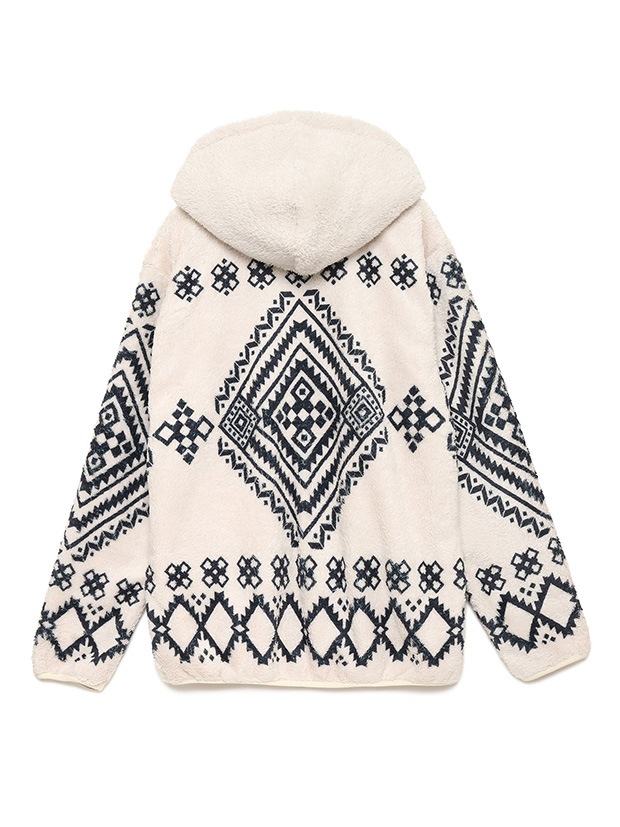 SeaGreen NATIVE PATTERN FLEECE ZIP HOODIE / IVORY