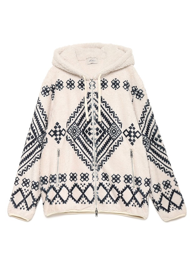 SeaGreen NATIVE PATTERN FLEECE ZIP HOODIE / IVORY