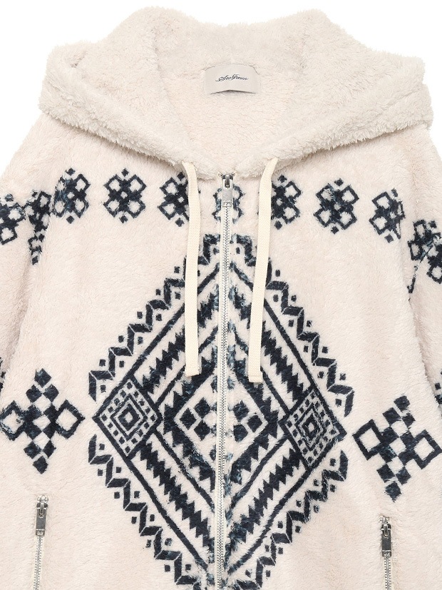 SeaGreen NATIVE PATTERN FLEECE ZIP HOODIE / IVORY