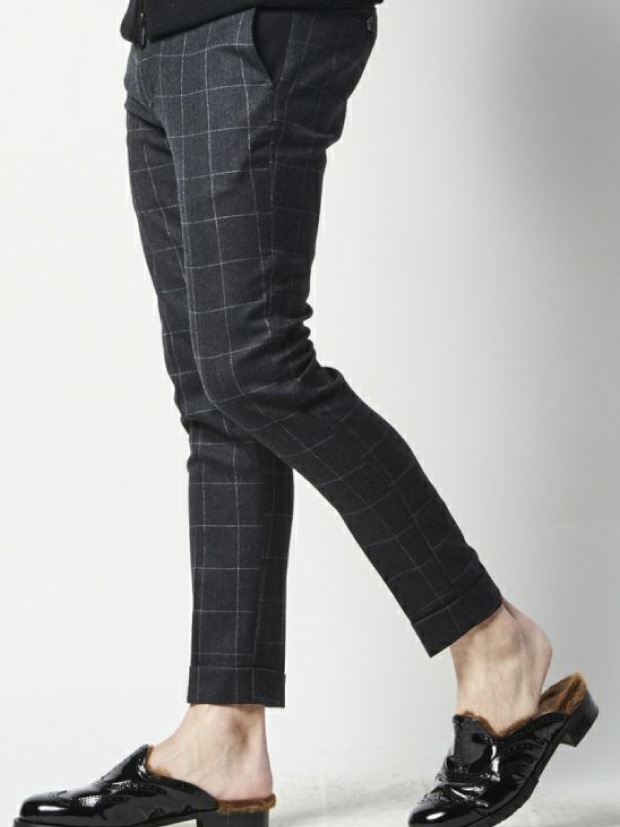 1PIU1UGUALE3 RIB TAPERED SLACKS / WINDOW PEN SUPER 100'S STRETCH FLANO (D.GREY)