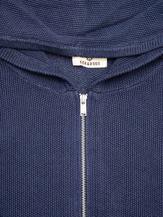 SEAGREEN MOSS STITCH KNIT HOODIE / NAVY