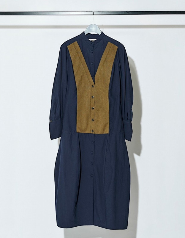 Stand Collar Bonding Shirt Dress / navy