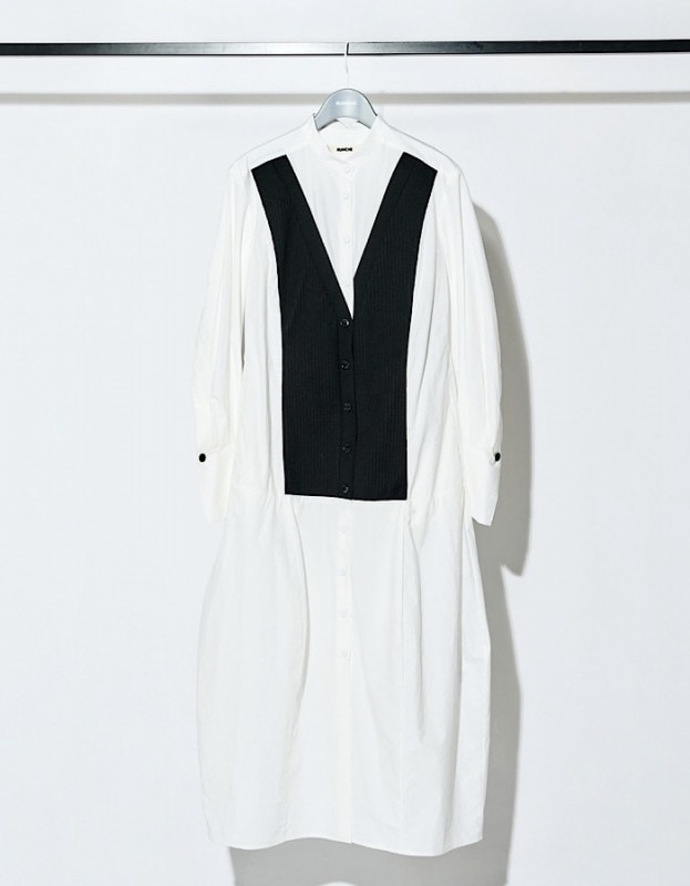 Stand Collar Bonding Shirt Dress / black