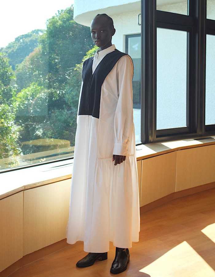 Knit Bonding Shirt Dress / white | DRESS | RUMCHE OFFICIAL ONLINE  