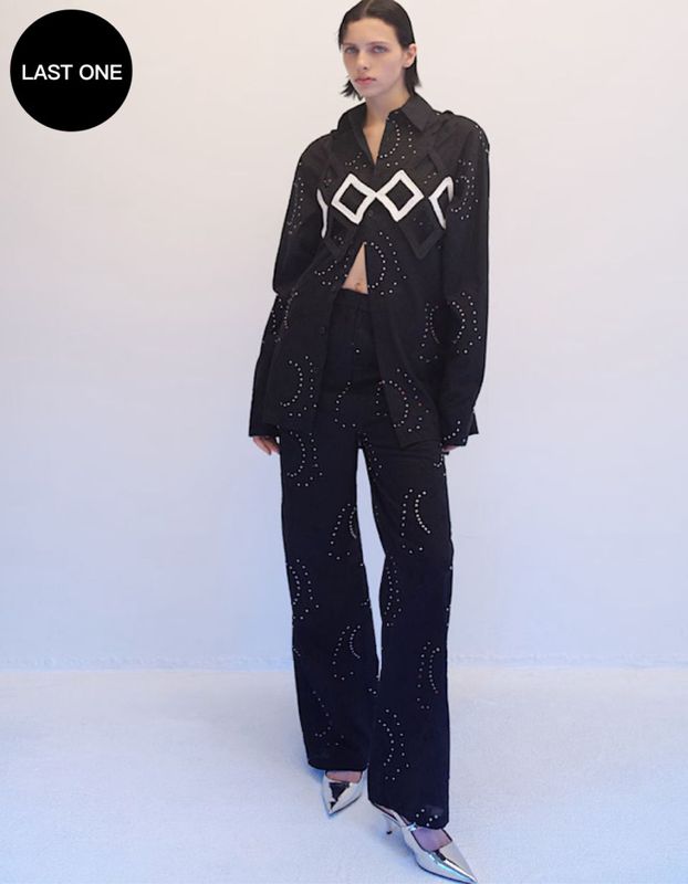 Cotton Bijou Embroidery Trousers / black
