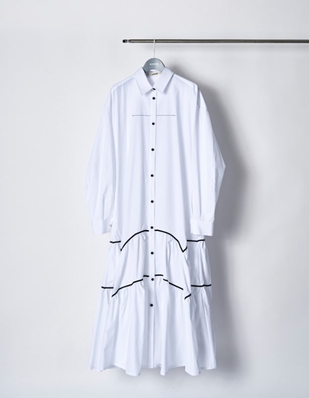 Piping Gathered Shirt Dress / white