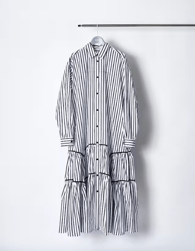 Stripe Piping Gathered Shirt Dress / black