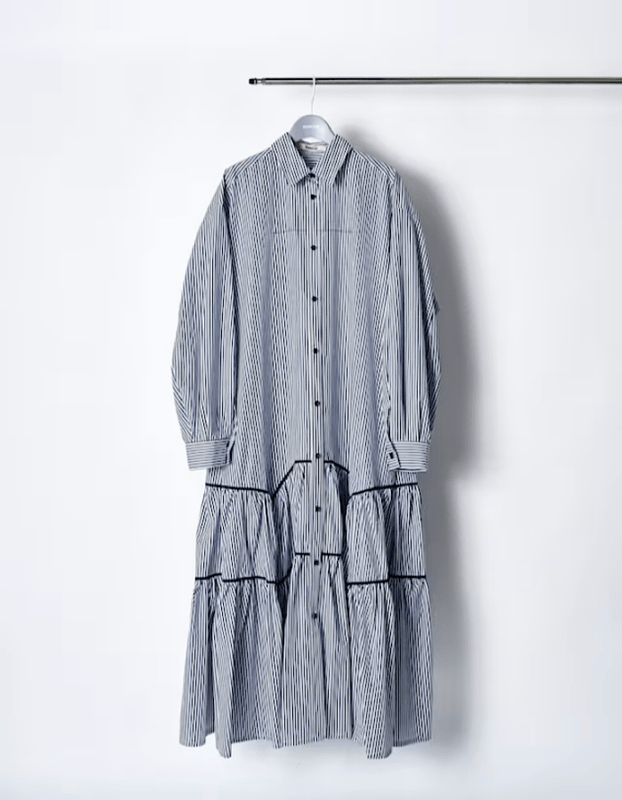 Stripe Piping Gathered Shirt Dress / navy