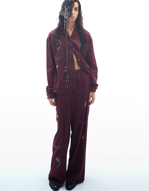 Treasure Embroidery Trousers / bordeaux