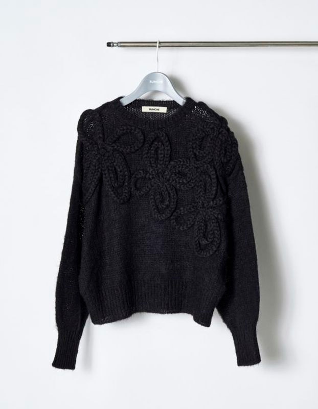 Chain Flower Knit Tops / black