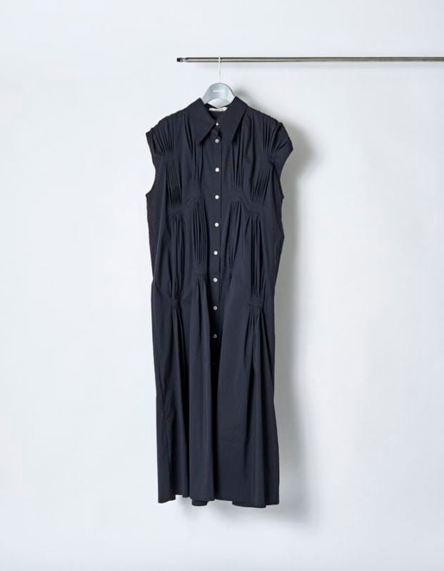 Cotton Bundled Tuck Dress / navy