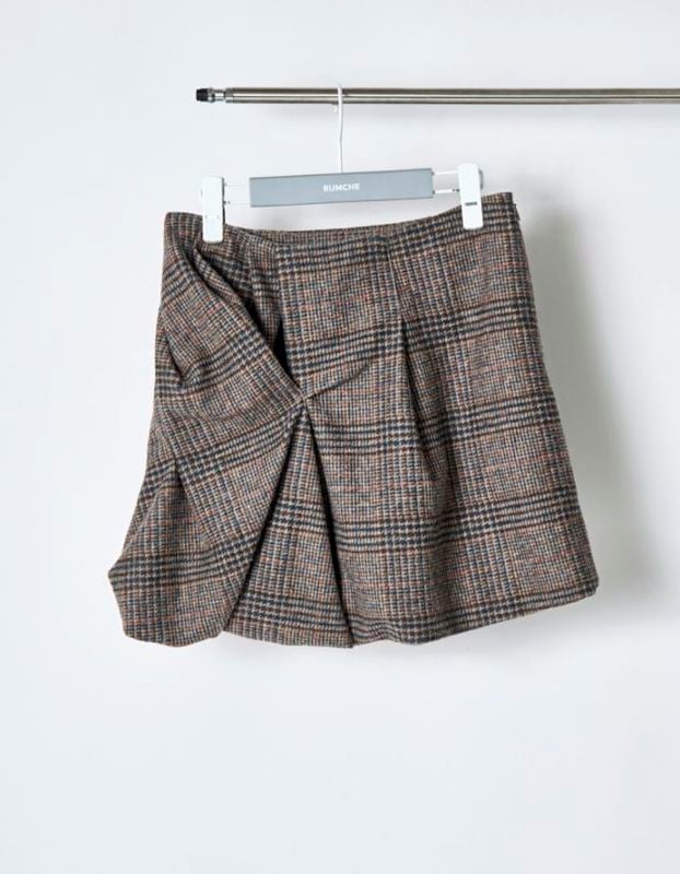 Ballon Tuck Check Mini Skirt / brown
