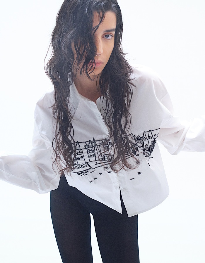 Landscape Beads Embroidery Shirt / white