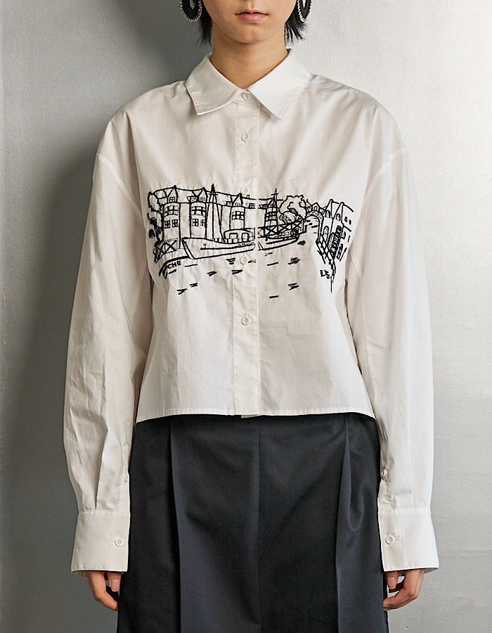Landscape Beads Embroidery Shirt / white